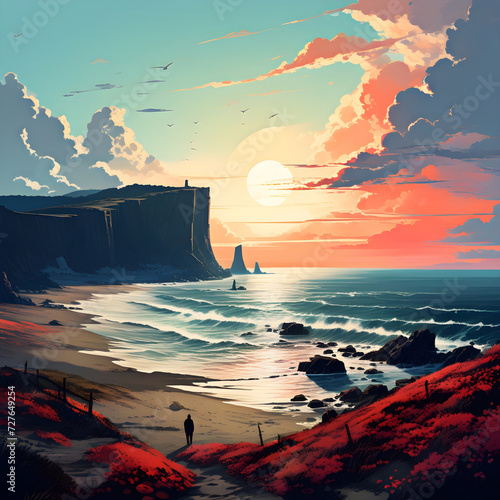 Beautiful anime-style landscape painting of a lone silhouette man standing on a rugged beach, ocean waves crashing over the rocks, towering bluffs and red flowers along the coastline photo