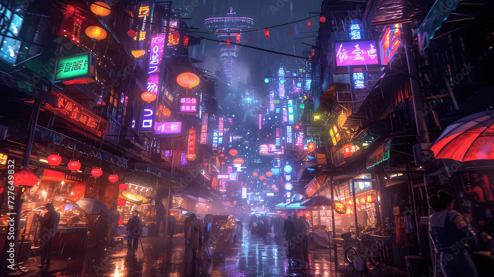 futuristic cyberpunk alleywayneonsign covered buildings and holographic advertisements a scene pulsa Generative AI