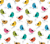 Cute seamless pattern with funny colorful birds. Hand drawn black line doodle style. Vector illustration on a white background for greeting card, fabric, textile, wallpaper, poster, gift wrapping