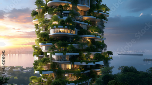futuristic arcology with ecosustainable habitatsurban farms and vertical forests A selfcontained eco Generative AI photo