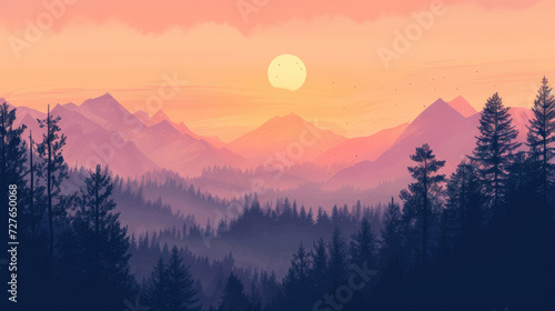 Painting of a serene mountain valley and forest with a warm sunset  modern monochrome style in an earthy color palette on canvas  evoking a sense of serenity