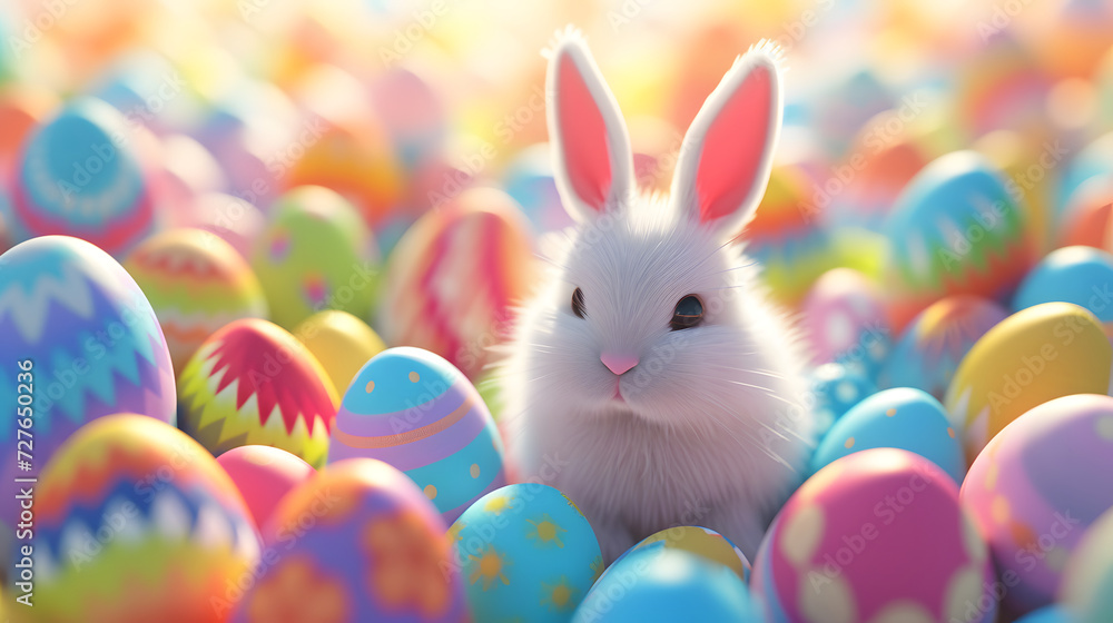 A cute bunny sitting between easter eggs A cute bunny sitting between easter eggs