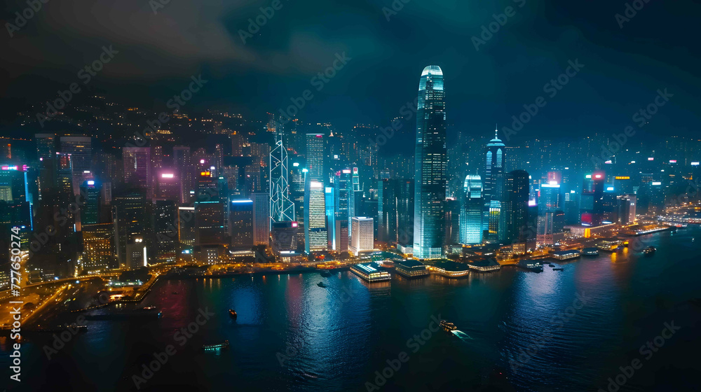 Obraz premium City lights illuminate the skyline at night, showcasing the architectural beauty of skyscrapers and the bustling traffic in the city in the evening. Night view of modern city