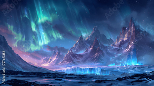 frozen tundra with aurora skiesice castles and snow beasts a chilly and majestic landscape under the Generative AI © Zoheb