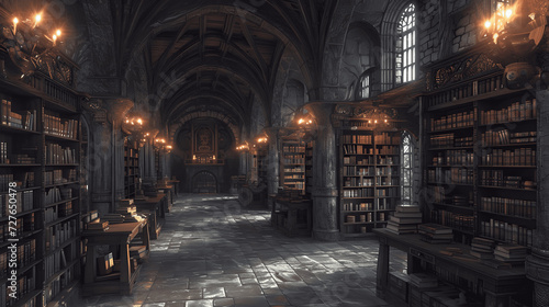 enchanted medieval librarybooks with magical auras and ancient scrolls a quiet spellbound room fille Generative AI