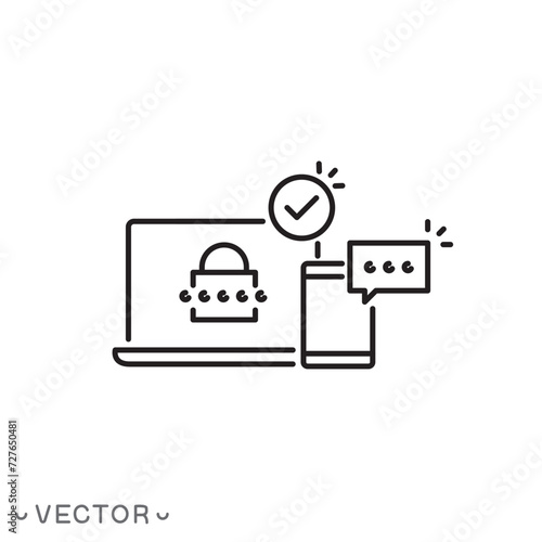 2fa multi factor verification icon, two factor authentication, online password verify, code login on laptop from mobile, secure message in phone, thin line symbol isolated on white background, eps 10