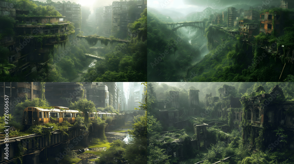 decaying urban sprawl overgrown with naturesurvivalists and reclaimed architectures Civilizations re Generative AI