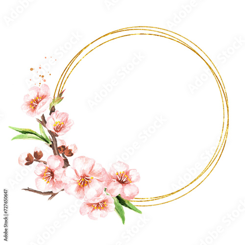 Spring blooming sakura frame. Watercolor hand drawn illustration, isolated on white background