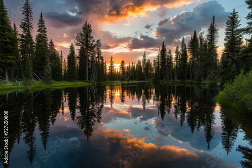 Serene Lake Reflecting Sunset Colors Surrounded by Pines