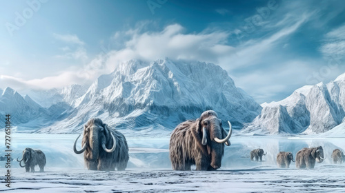 Woolly mammoths with cubs herd in frozen cold landscape in blue and white tones, wide banner, extinct prehistoric animals. Copy space.