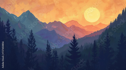 Painting of a serene mountain valley and forest with a warm sunset, modern monochrome style in an earthy color palette on canvas, evoking a sense of serenity © boxstock production