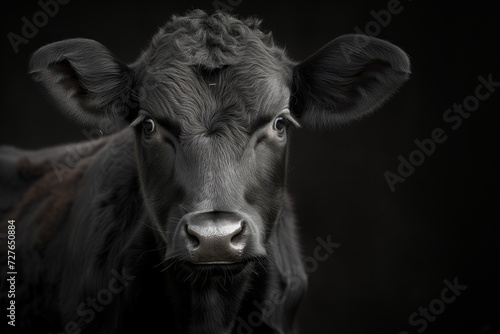 Portrait of a Young Black Cow on Dark Background