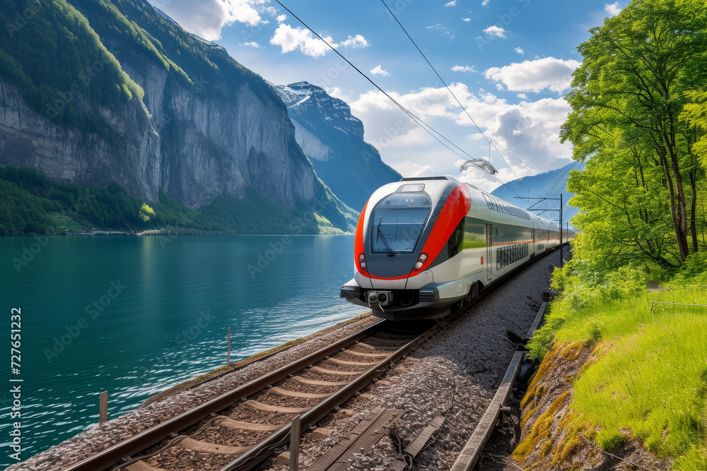 Modern Train Rushing Through Scenic Mountain Landscape