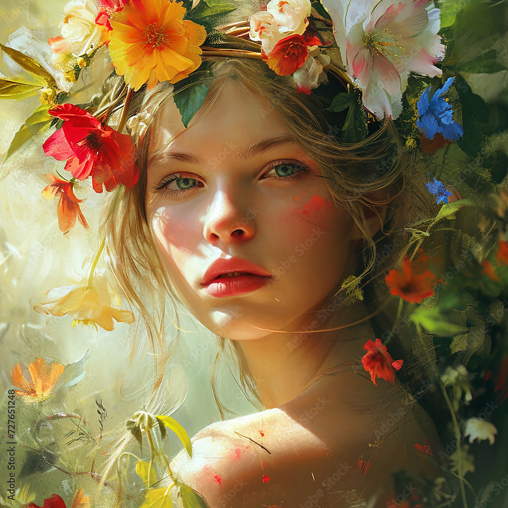 Portrait of a beautiful girl in a wreath of wild flowers