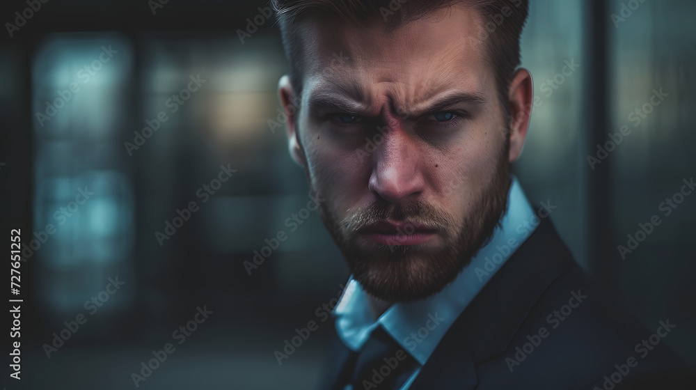 portrait of angry man, upset man with fire effect background