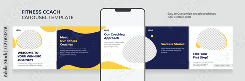 fitness and health social media carousel, Instagram carousel template for personal fitness coach, EPS vector illustration.