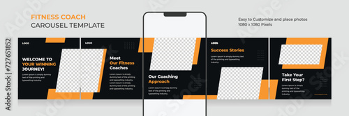 fitness and health social media carousel, Instagram carousel template for personal fitness coach, EPS vector illustration.