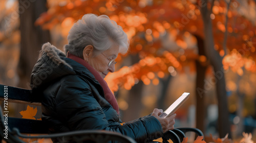 Serene Senior Enjoys E-book in Vibrant Fall Foliage photo