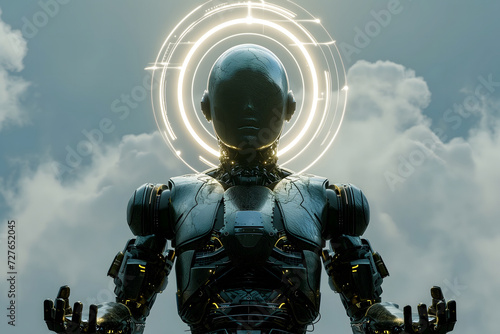 android with around head on sky with clouds background, AI god concept.