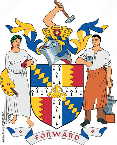 Official coat of arms vector illustration of the English administrative local authority district of the METROPOLITAN BOROUGH AND CITY OF BIRMINGHAM, WEST MIDLANDS