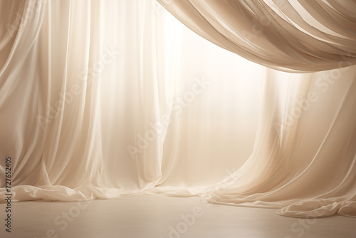 Beige Draped Curtains Celestial Backdrop with Ethereal Light and Romantic Soft Focus