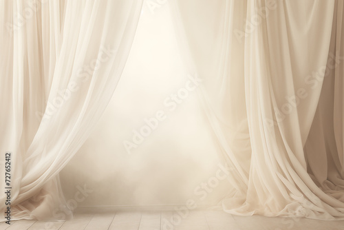 Beige Draped Curtains Celestial Backdrop with Ethereal Light and Romantic Soft Focus