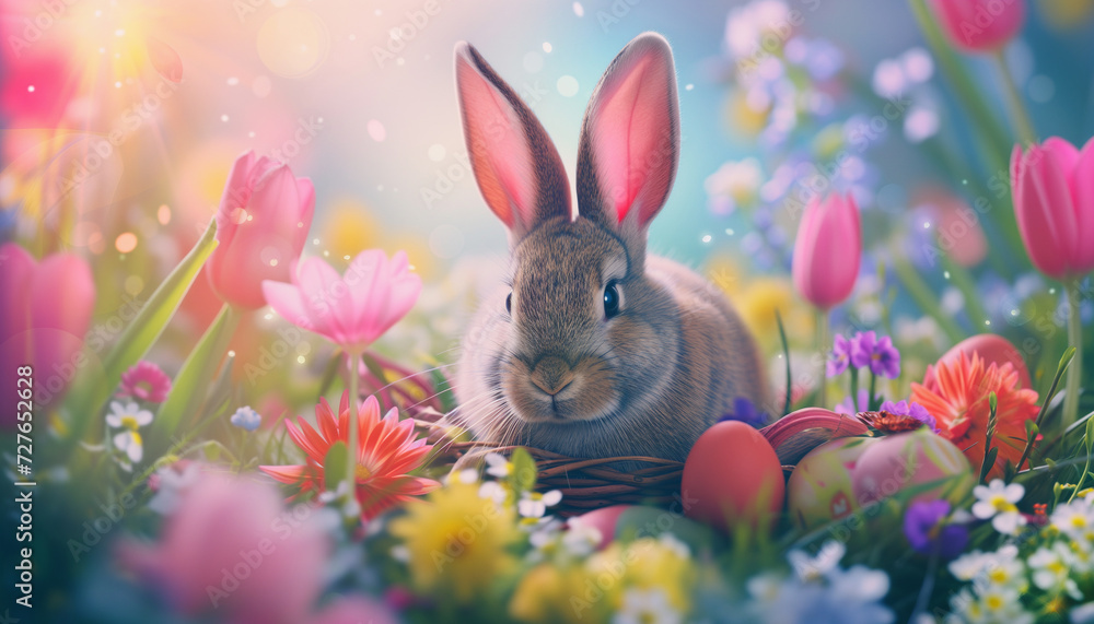 Easter Bunny surrounded by eggs, nestled in the grass, and resting in a basket, featuring a cute, fluffy white rabbit in a holiday-themed illustration Easter Bunny surrounded by eggs, nestled in the grass, and resting in a basket, featuring a cute, fluffy white rabbit in a holiday-themed illustration