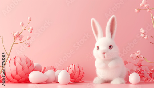 Easter Bunny surrounded by eggs, nestled in the grass, and resting in a basket, featuring a cute, fluffy white rabbit in a holiday-themed illustration © atitaph