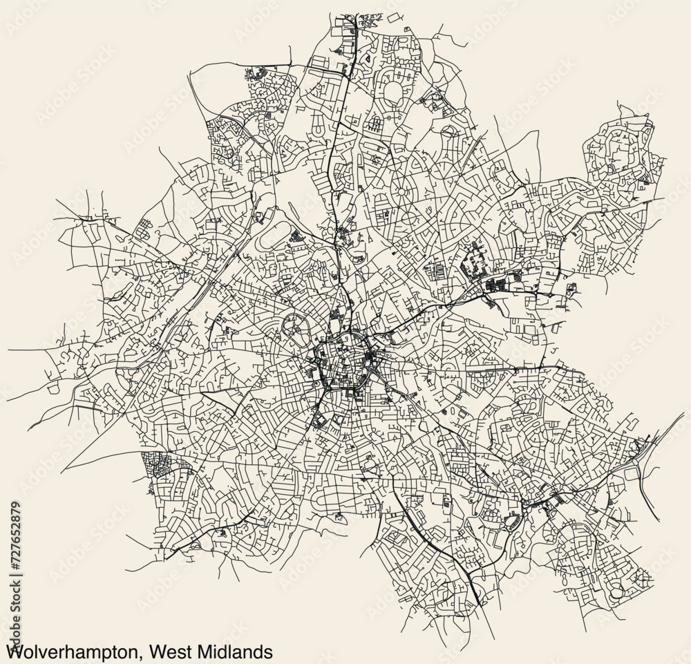 Fototapeta premium Street roads map of the METROPOLITAN BOROUGH AND CITY OF WOLVERHAMPTON, WEST MIDLANDS
