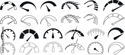 speedometer, gauge icon set Vector illustration. Black and white dashboard elements showing various levels of speed, fuel, performance. Perfect for web design, apps, software photo