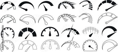 speedometer, gauge icon set Vector illustration. Black and white dashboard elements showing various levels of speed, fuel, performance. Perfect for web design, apps, software