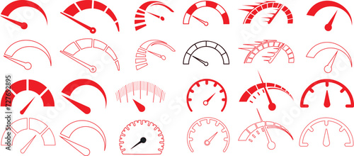 Speedometers, red indicators collection, various levels. Perfect for automotive, transportation, performance measurement visuals. Clear design, easy integration into presentations, websites