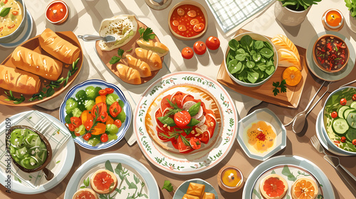 Wallpaper Mural illustration of a top view of a table full of food for breaking the fast in the month of Ramadan in cartoon style Torontodigital.ca