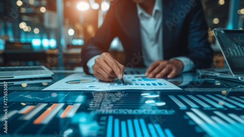 Closeup hands of a businessman in the office looking at paper with statistics on the table. Investment business and leadership concept