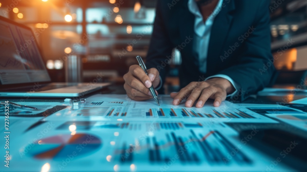 Closeup of hands of businessman holding pen in office looking at paper on table. Investment business and leadership concept Closeup of hands of businessman holding pen in office looking at paper on table. Investment business and leadership concept