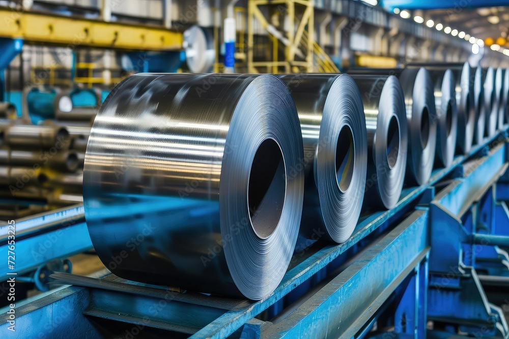 Rolls of galvanized steel sheet inside the factory or warehouse. Rolls of galvanized steel sheet inside the factory or warehouse.