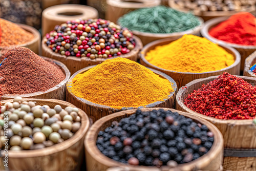 Background image of piles of colourful spices and flavourings.