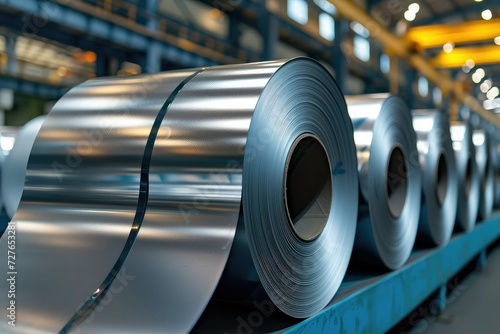 Rolls of galvanized steel sheet inside the factory or warehouse. photo