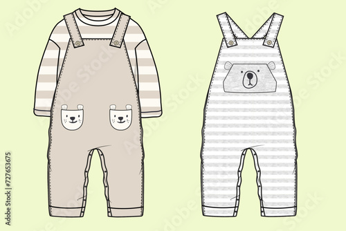 Baby Sleeping Long Sleeve Round Neck T-shirt with Dungarees Fashion Template - Black and White Outline, Front and Back View Mock-Up