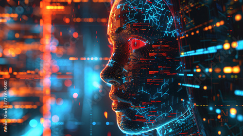 Conceptual Digital Human Face Embracing the Essence of Artificial Intelligence, Portrayed by Captivating Pixel Patterns.