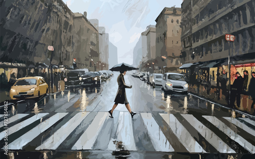 woman passing zebra crossing with umbrella