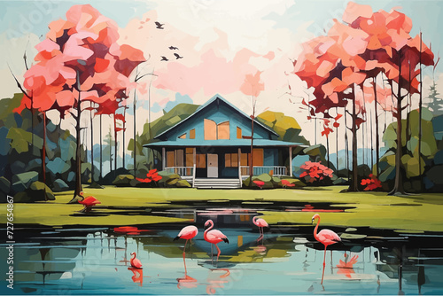 Jef Bourgeau  style forest lake house, flamingo birds landscape oil painting