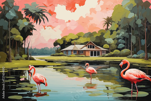 Jef Bourgeau  style forest lake house, flamingo birds landscape oil painting