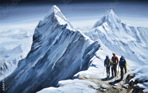 A group of climbers ascending a mountain , oil painting, illustration