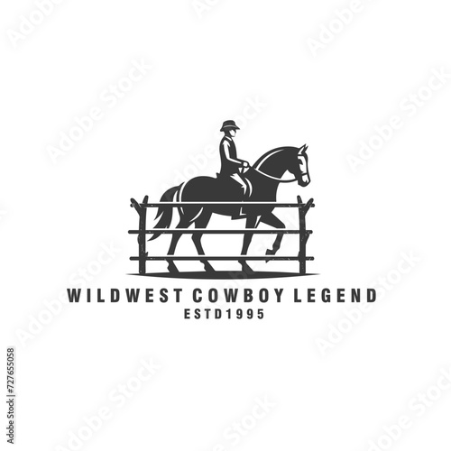 cowboy riding horse silhouette vintage logo vector graphic illustration