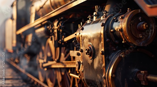 Close-Up View of Vintage Steam Locomotive Engine, Detailed Machinery, Golden Hour Lighting
