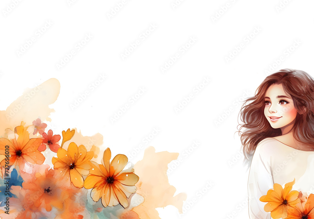 Watercolor attractive cartoon girl portrait in flower background with copy space for banner card template print cover wallpaper illustration