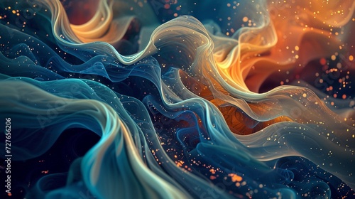 Fluid streams of luminescent liquid converging to craft dynamic abstract patterns in a surreal setting.