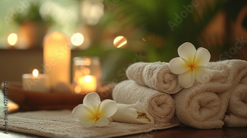 Atmosphere of relaxation and tranquility that embodies the essence of a spa retreat, beauty treatment items for spa procedures.