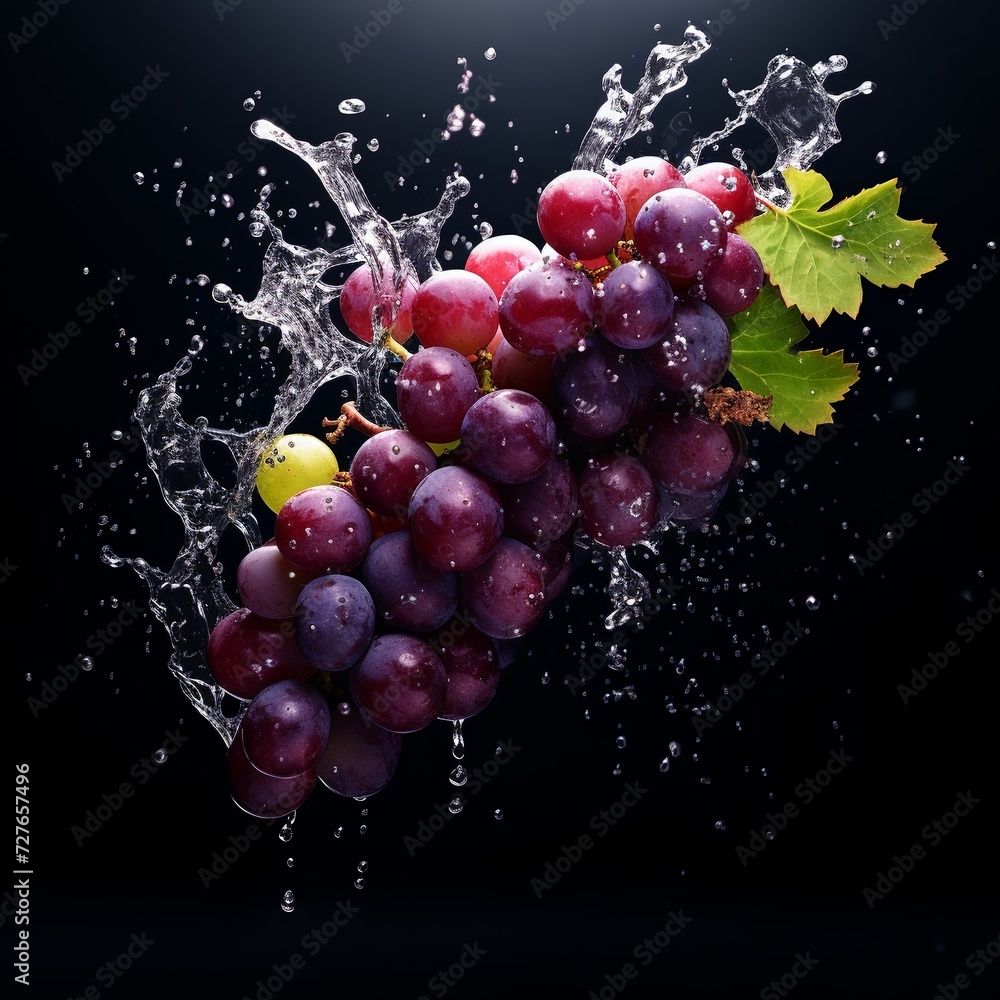 Flying of bunch grapes with water splashes on black background